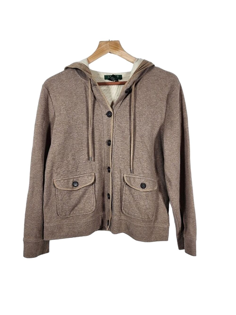 Lauren Ralph Lauren Brown Long Sleeve Button Up Hoodie Jacket Size Large